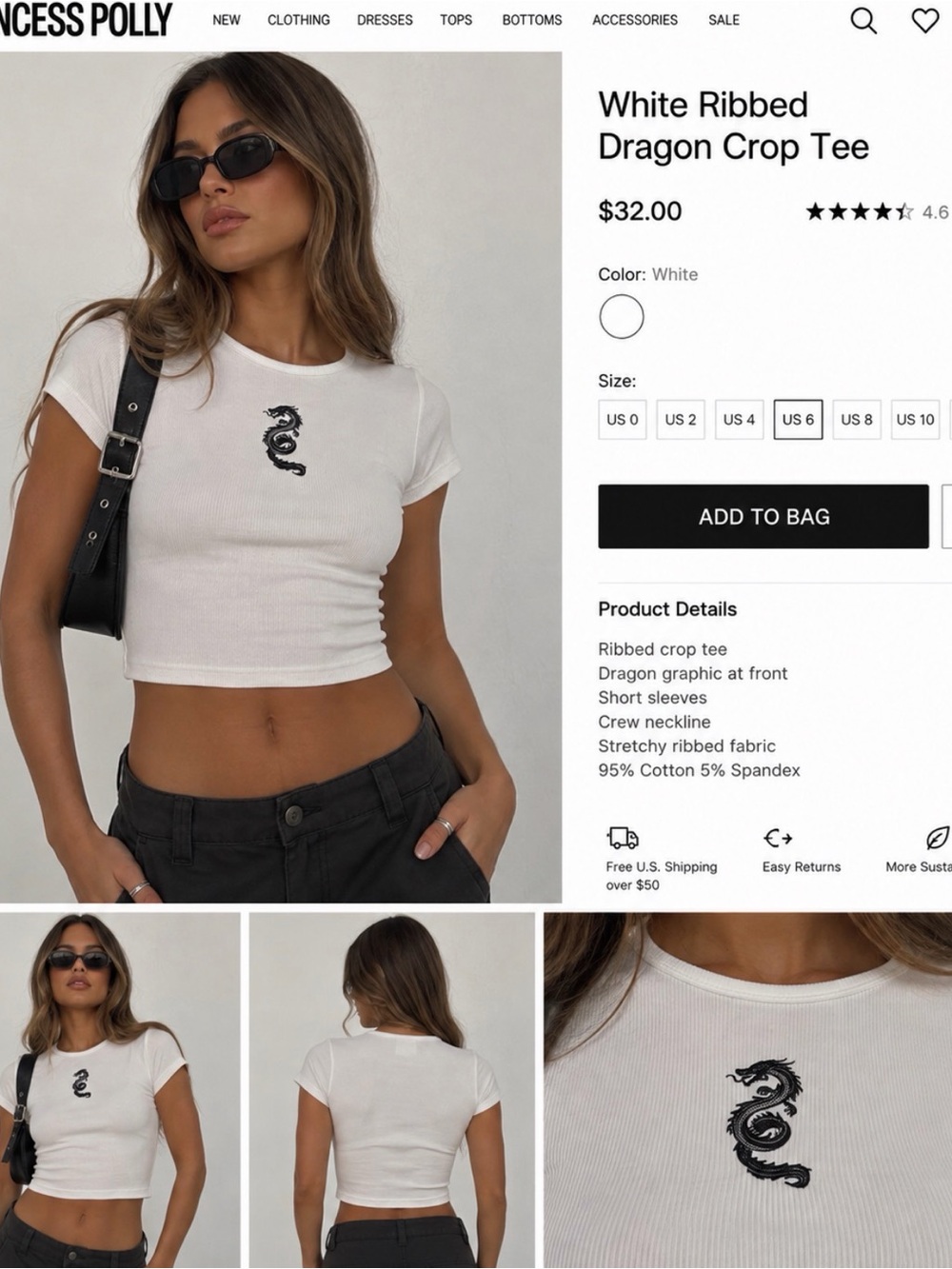 Princess Polly White Ribbed Dragon Crop Tee - US6
